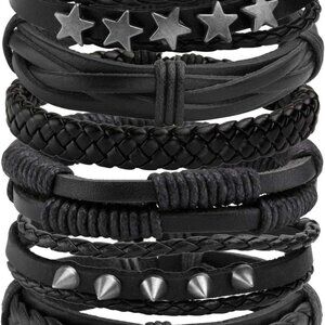 6-12PCS Faux Leather Punk Cuff Bracelets for Men Women Adjustable Fashion Jewelr